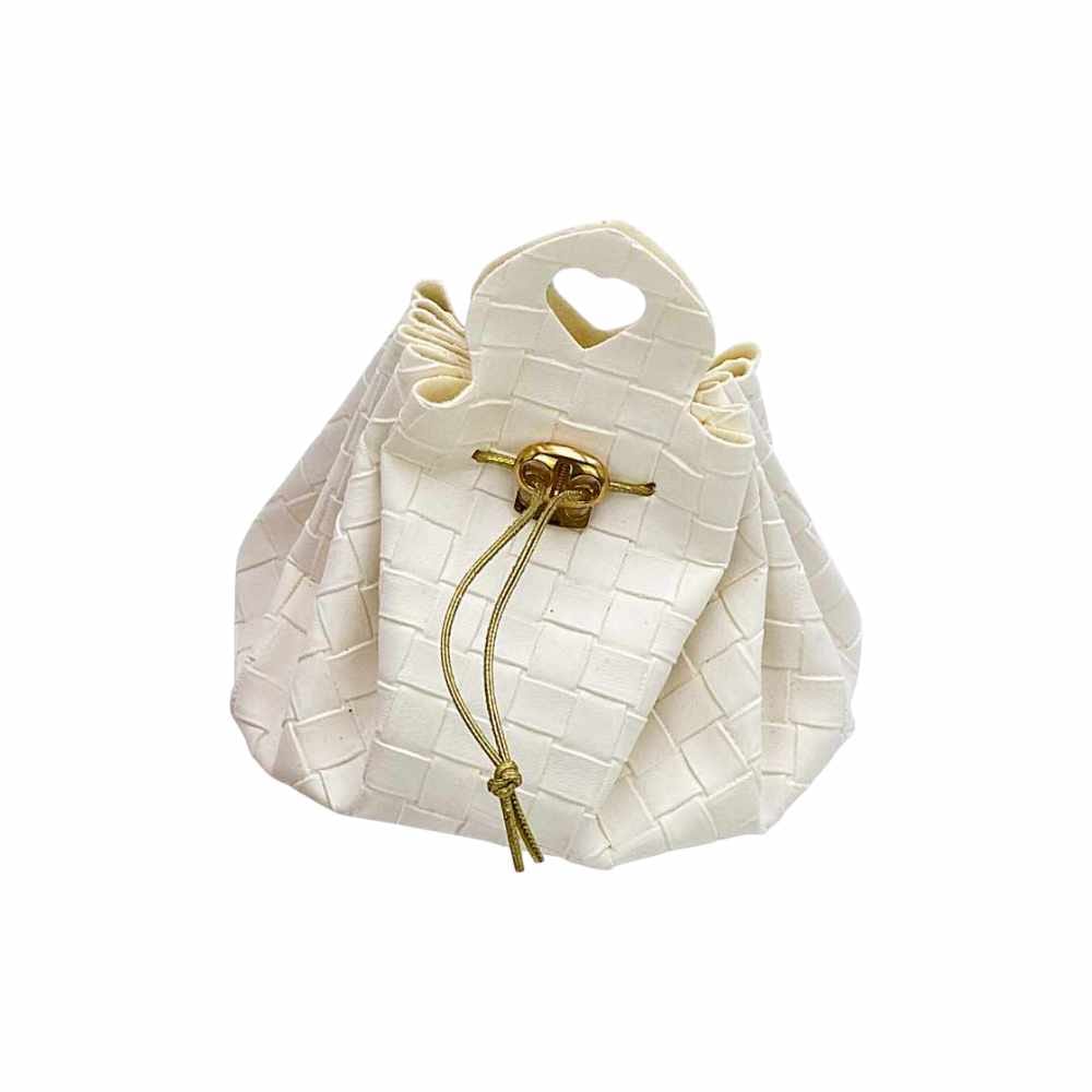 Bomboniera sacchetto ecopelle Avorio e Oro. Misure 10x11, accessorio elegante e raffinato ideale per ogni tipo di evento