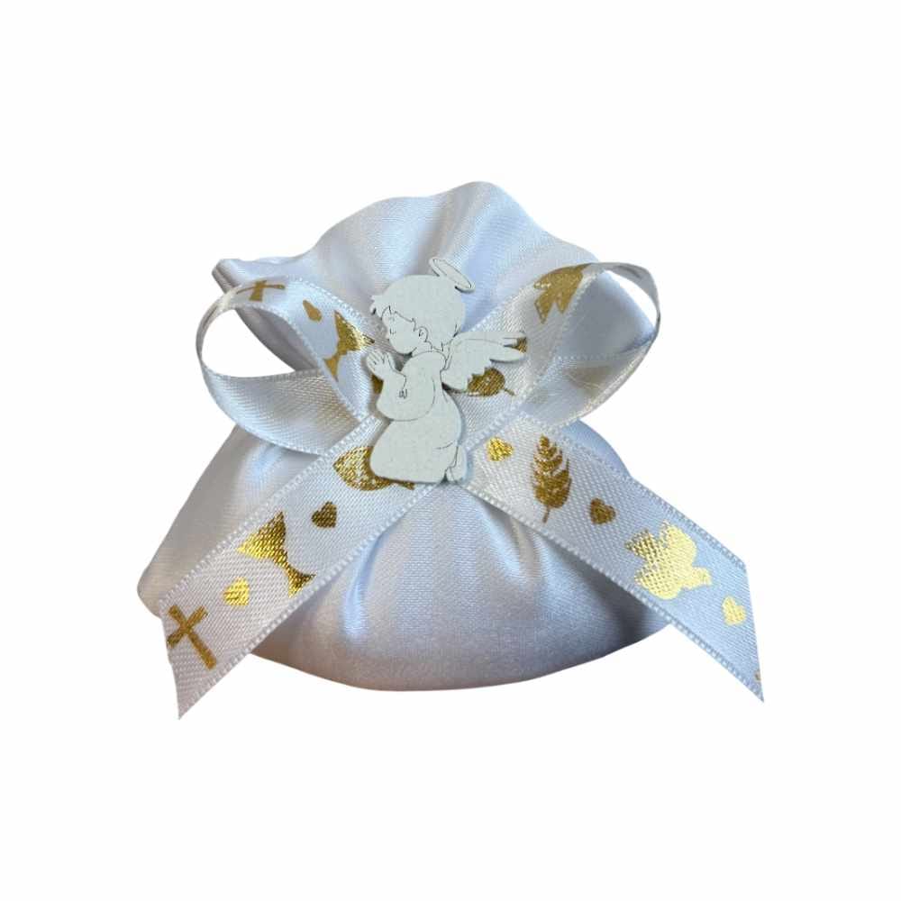 Sacchetto portaconfetti Raso Bianco Made in Italy "Joel" per comunione con angelo in legnetto bianco