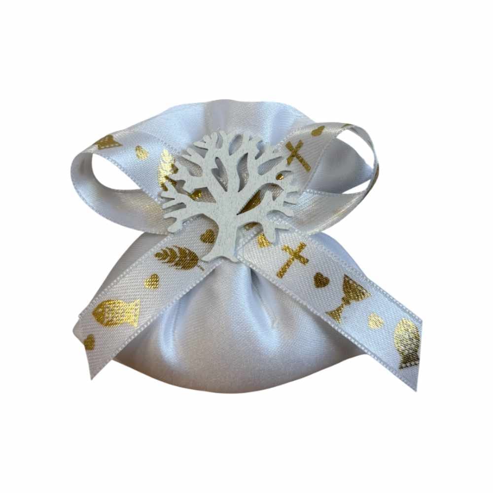 Sacchetto portaconfetti Raso Bianco Made in Italy "Joel" per comunione con albero della vita in legnetto bianco