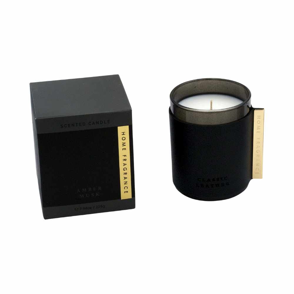 JA2450/BLACK CANDELA IN VETRO E SIMILPELLE COL.NERO 225G