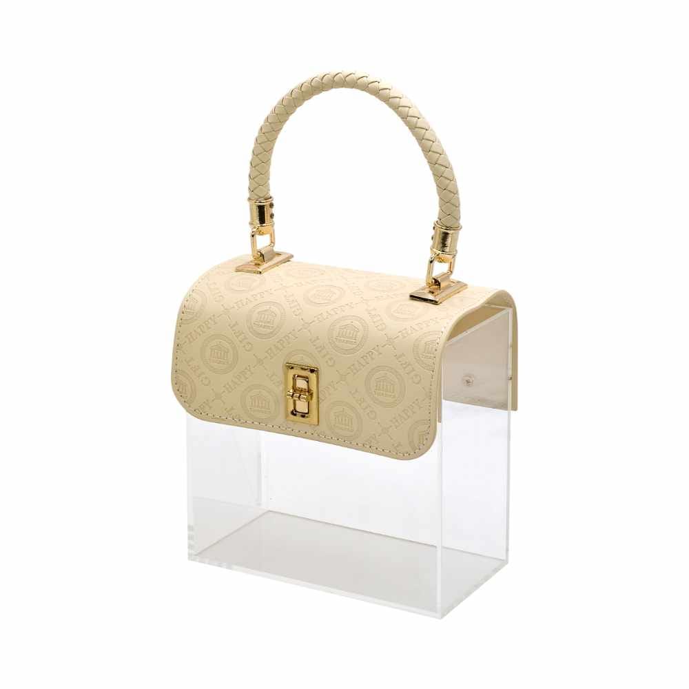 Borsa valigetta beige trapuntata in cartone e plexi