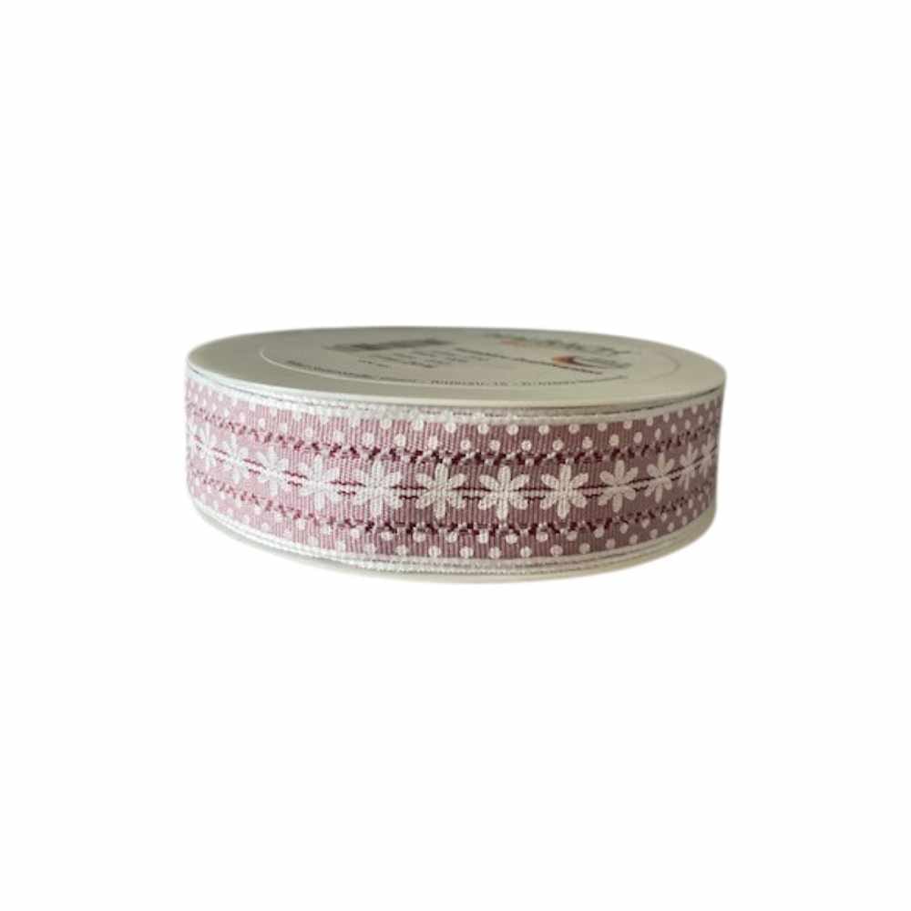Nastro 25mm rosa antico e stelle bianche, ideale per confezionare bomboniere, sacchetti porta confetti e articoli da regalo