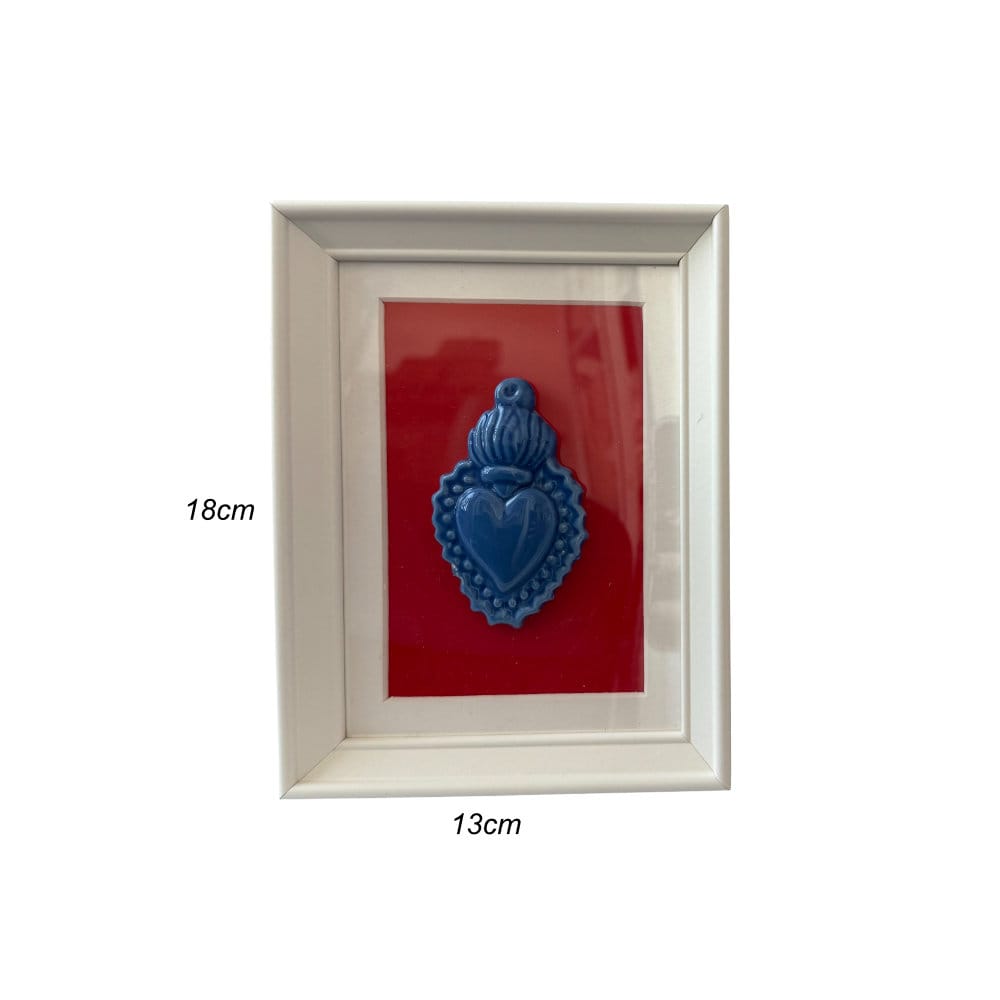Cornice con cuore sacro blu e sfondo rosso misure 13x18cm