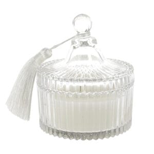 Bomboniera Scatola in Vetro Rigato Grande con Coperchio e Nappa