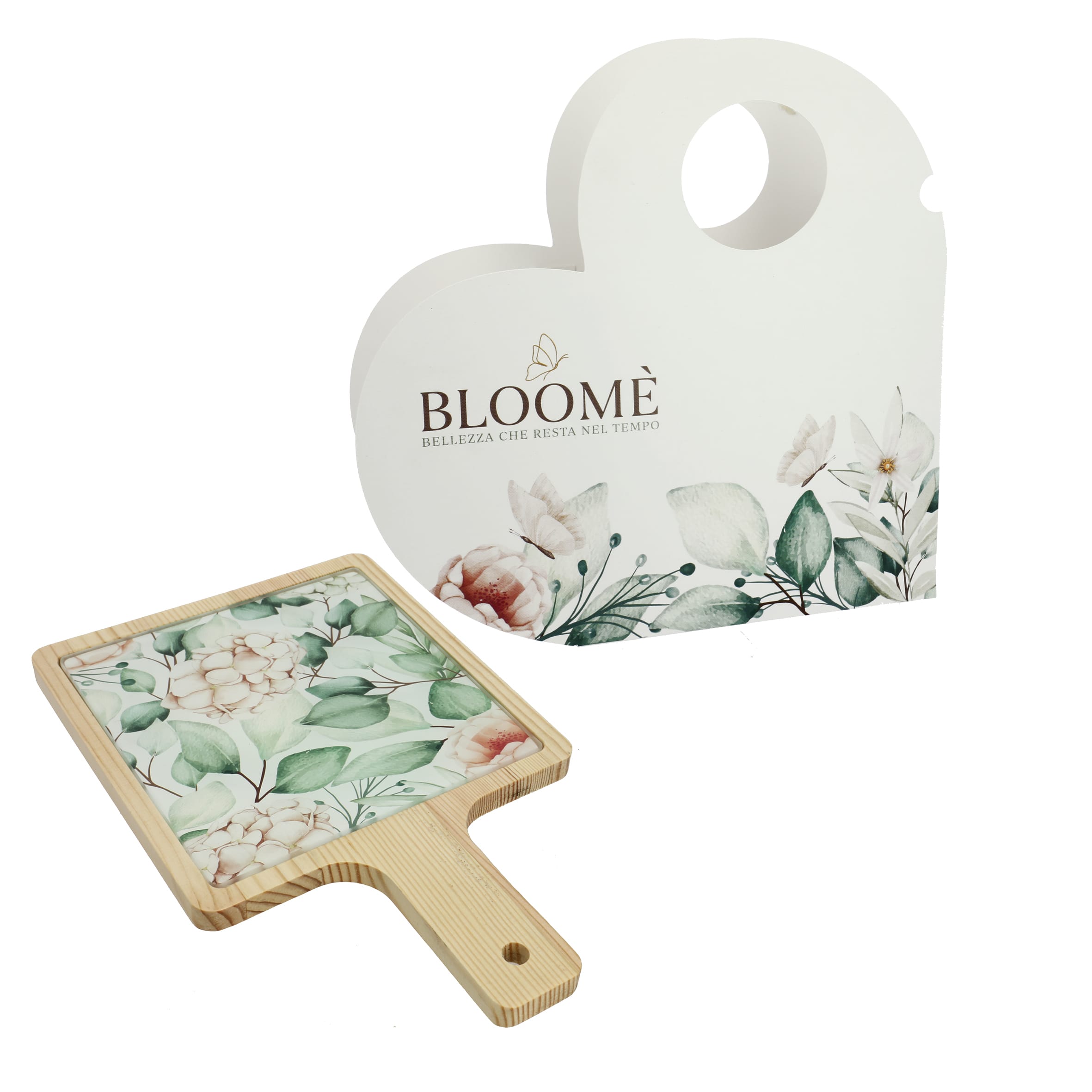 Tagliere bomboniera in vetro e legno con manico in legno Bloomè Giglius Bianco 15x25 cm