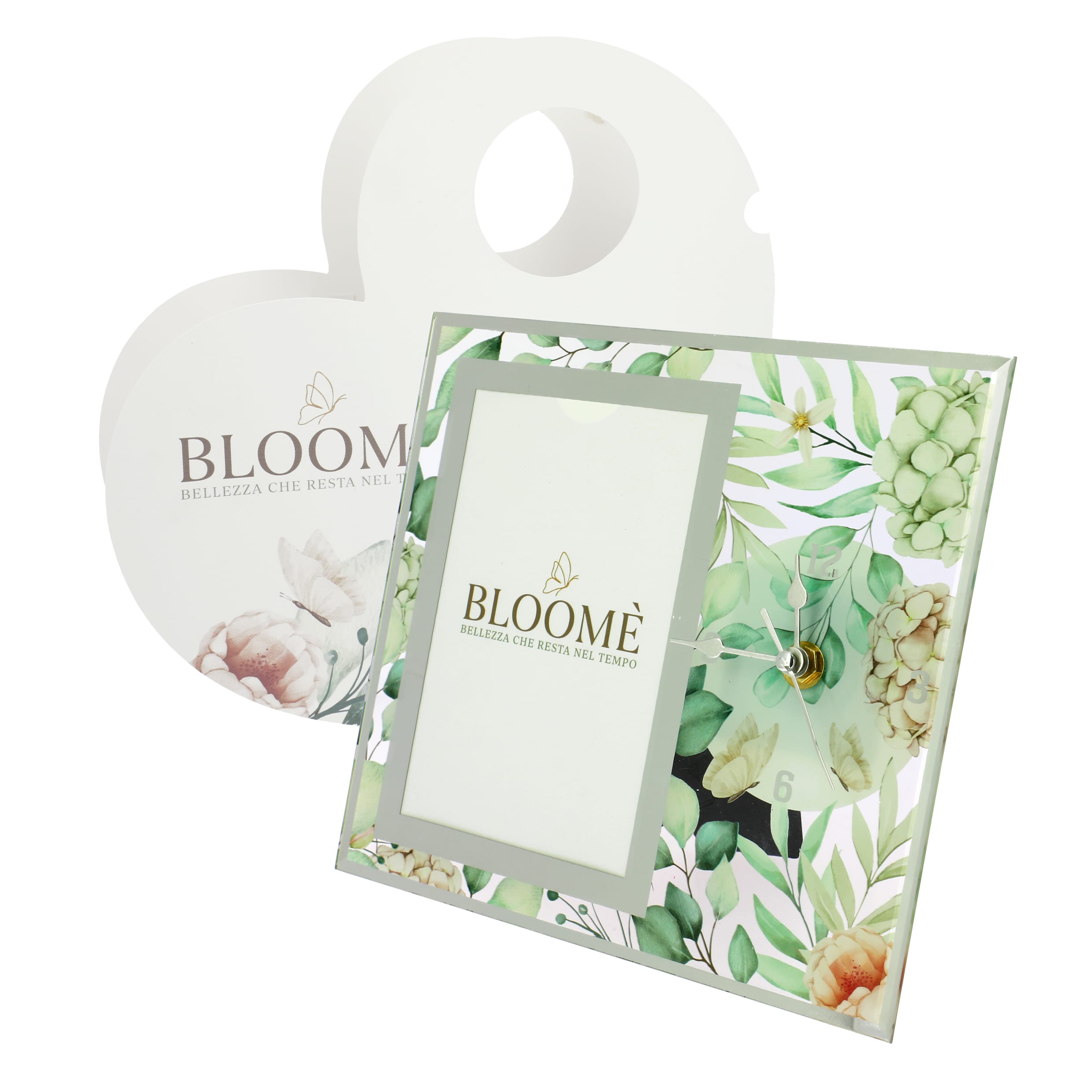 Portafoto e orologio Bloomè botanic ortensie verde vetro 21x19 (int 9x14) con scatola a cuore