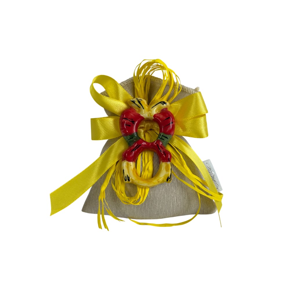 JMA2383 Sacchetto in cotone naturale con asso di denari in porcellana di capodimonte completo di 5 confetti gusto a scelta