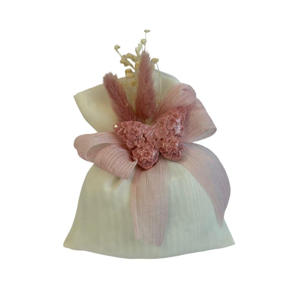 JMA2531 Sacchetto chiffon panna con sapone a farfalla decorata rosa antico completa di 5 confetti gusto a scelta