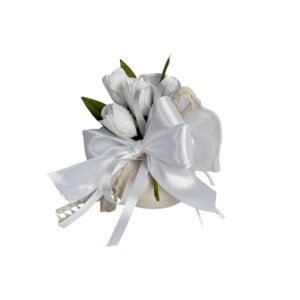 Fazzoletto Tondo artigianale in Chiffon bianco con Tulipano e Sapone