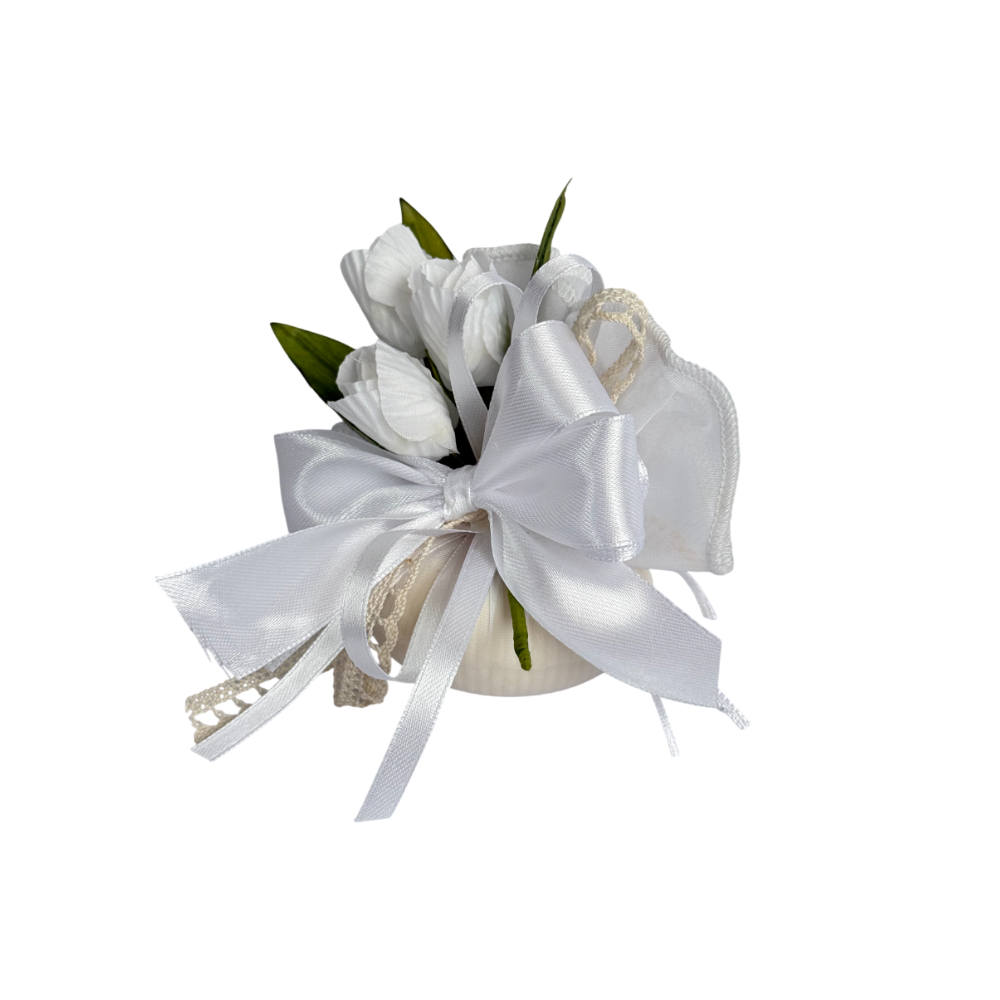 JMA2391 Fazzoletto tondo in chiffon bianco con sapone profumato, tulipano bianco, nastro in raso bianco e 5 confetti a scelta esterni